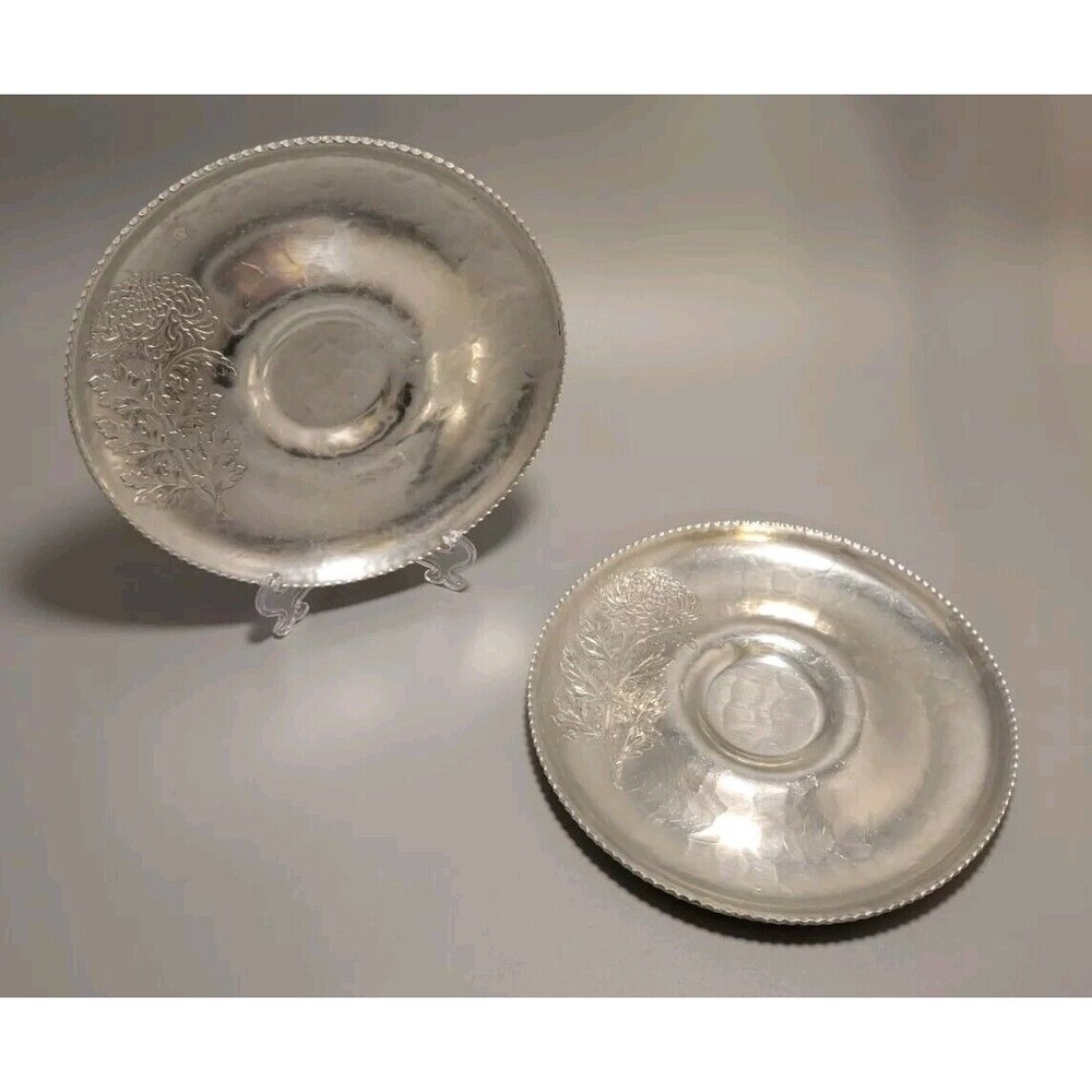 Vtg Set of 2 Continental Hand Wrought 7" Tray #641 Silverlook Hammered